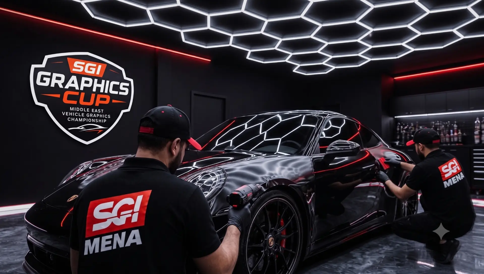 Installers wrapping a black sports car at the SGI Vehicle Graphics Cup